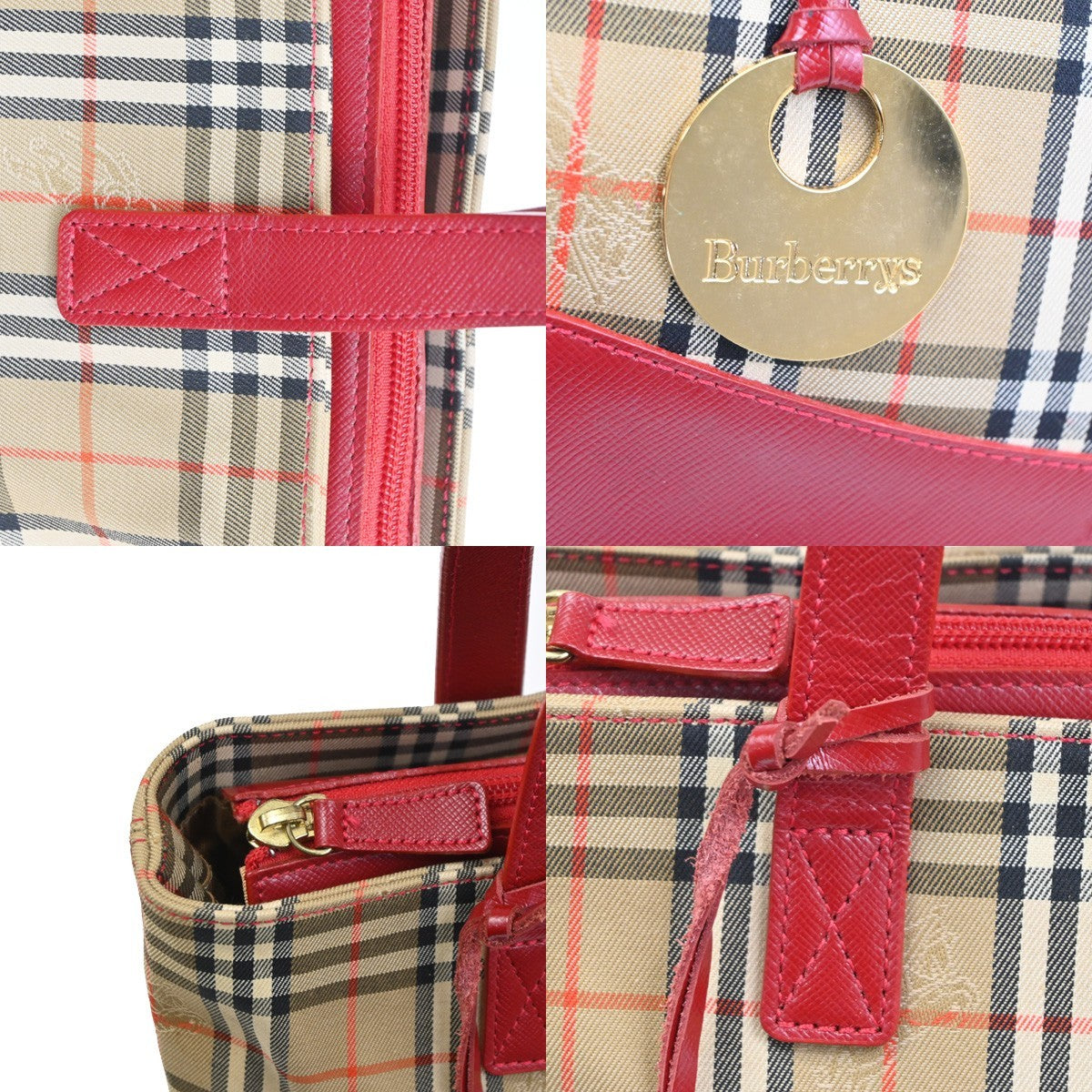 BURBERRY Nova Check Hand Bag Canvas Leather Beige Red GHW 62KC545
