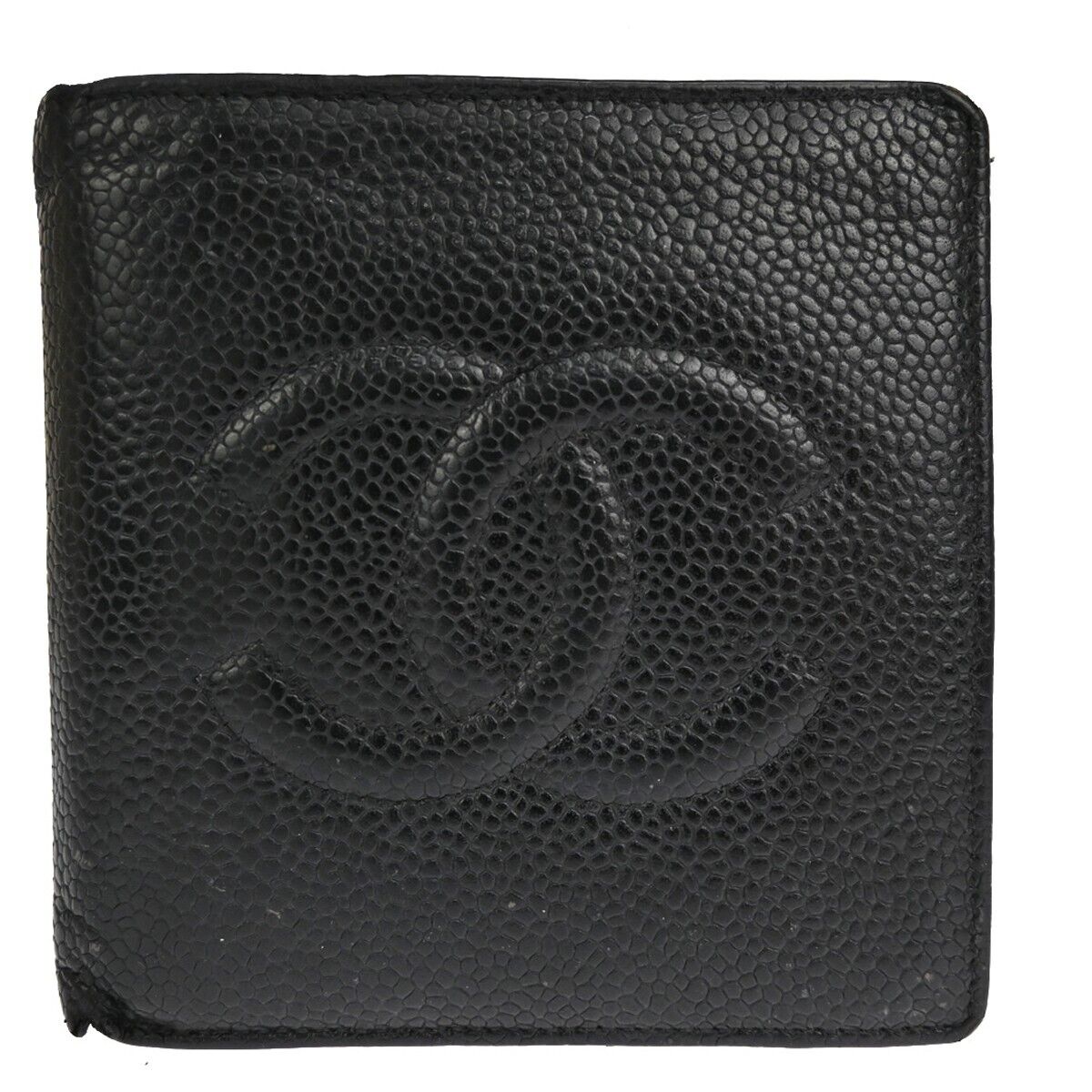 CHANEL CC Logo Bifold Wallet Caviar Skin Leather Black France Vintage 60EA462