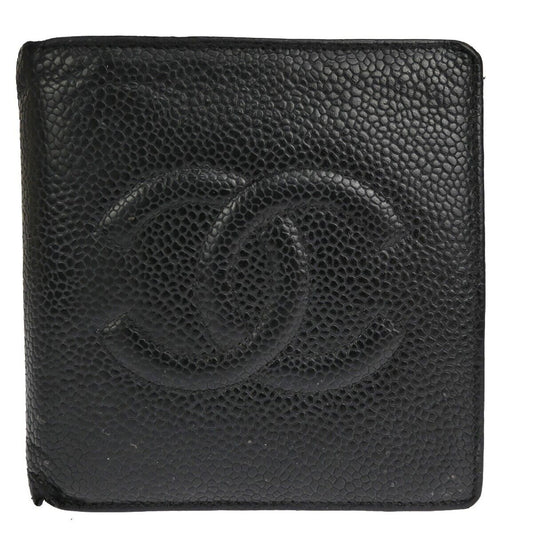 CHANEL CC Logo Bifold Wallet Caviar Skin Leather Black France Vintage 60EA462