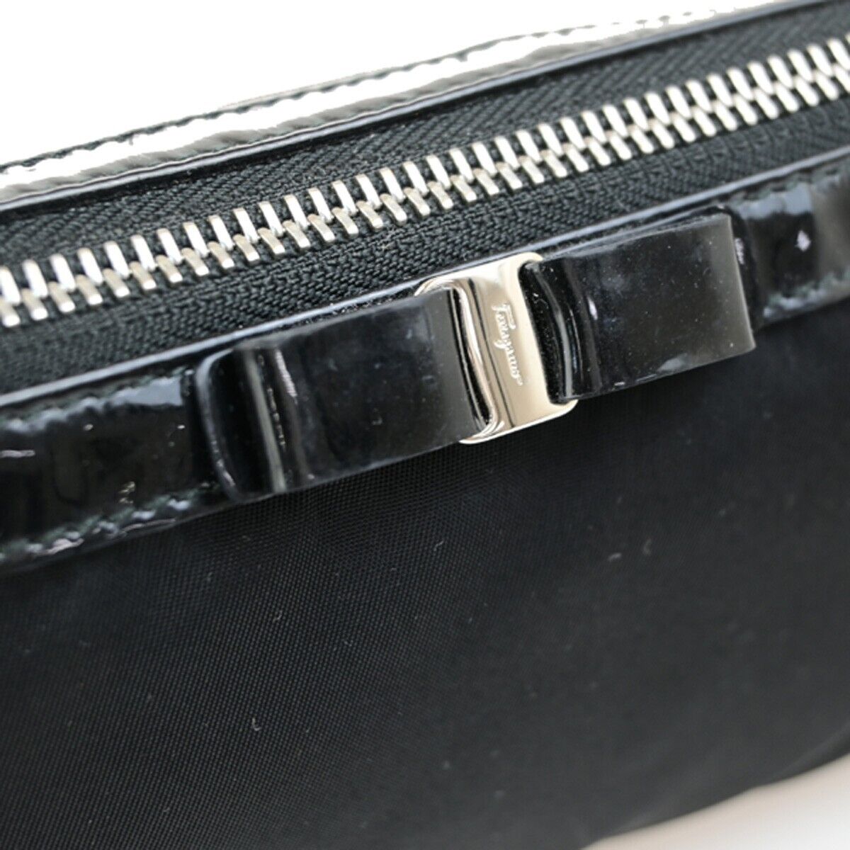 SALVATORE FERRAGAMO Vara Cosmetic Pouch Bag Nylon Leather Black 07KA515