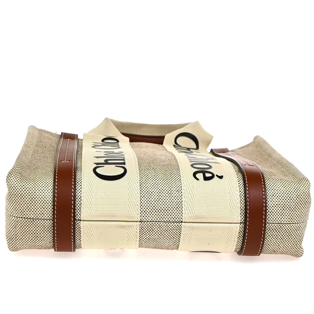 CHLOE Logo Woody Small Hand Tote Bag Canvas Leather Beige Brown Italy 77RQ021