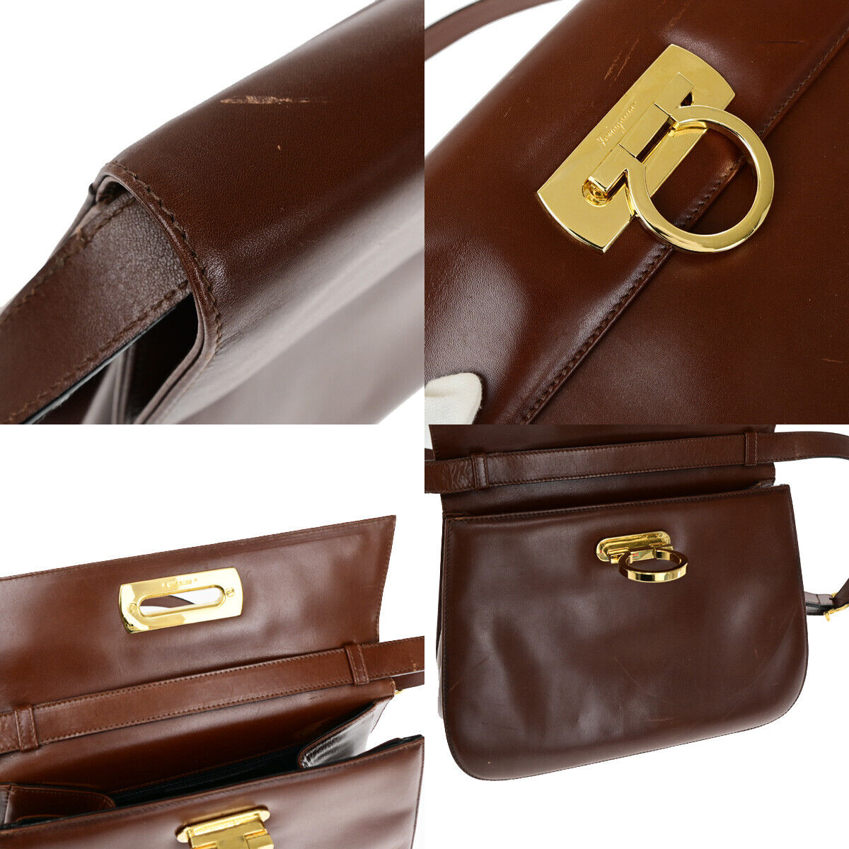SALVATORE FERRAGAMO Logo Gancini Shoulder Bag Leather Brown GHW Italy 67YE859