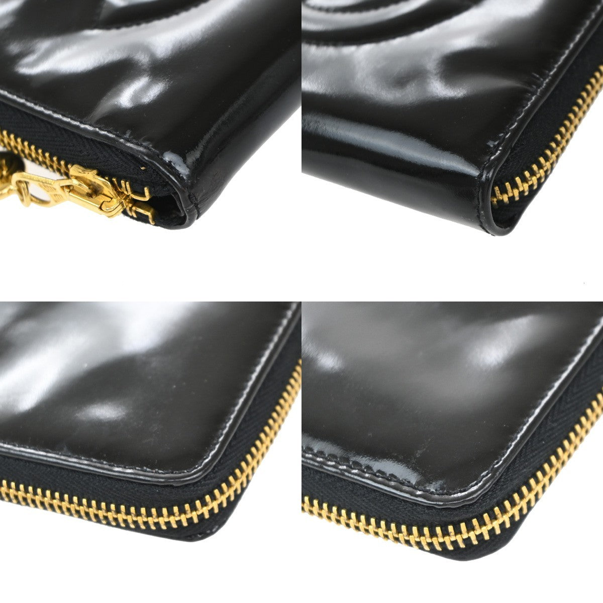 CHANEL CC Logo Zipper Around Wallet Patent Leather Black Italy Vintage 05EG064