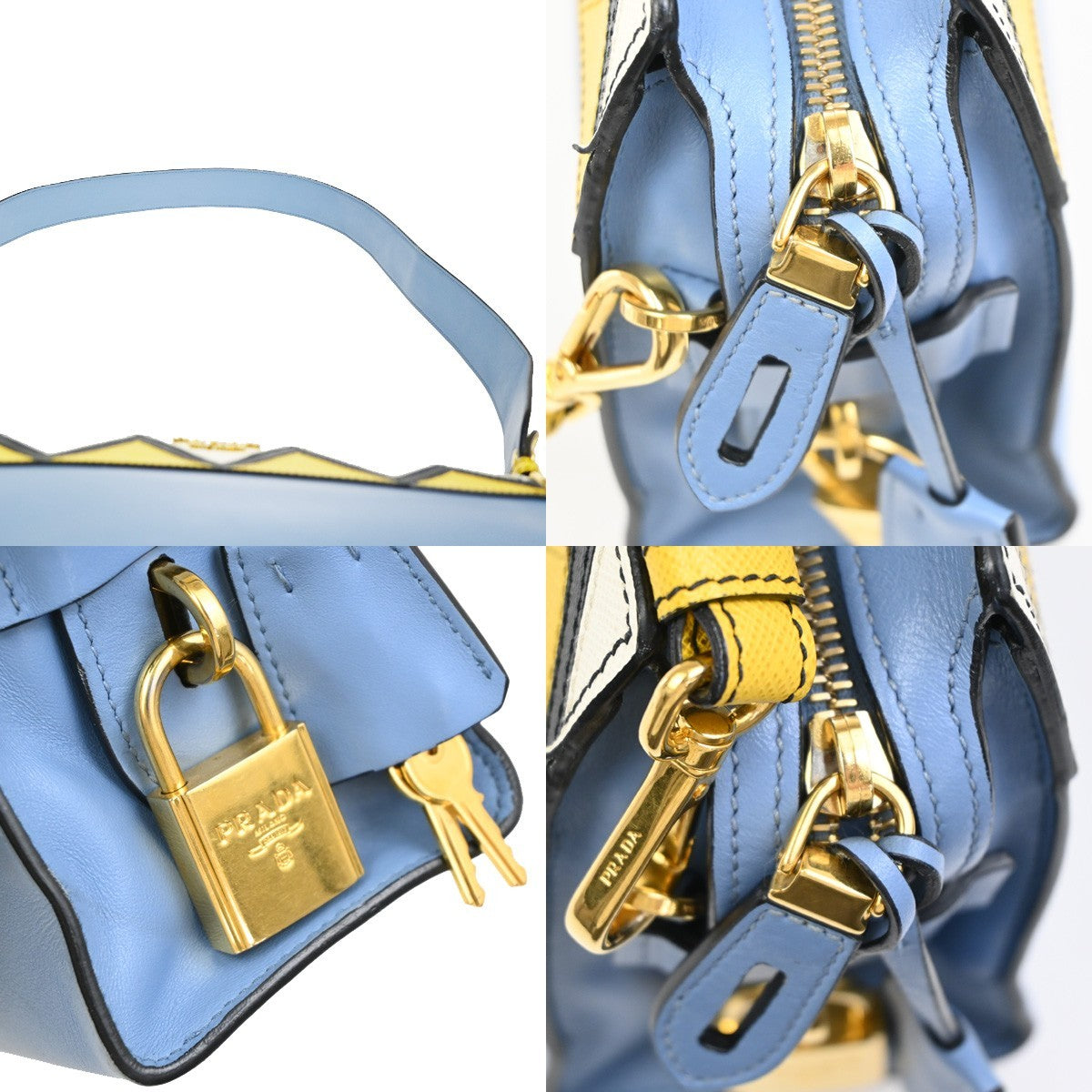 PRADA Esplanade Zig-Zag Crossbody Bag Leather Blue Yellow White GHW 99ZA218