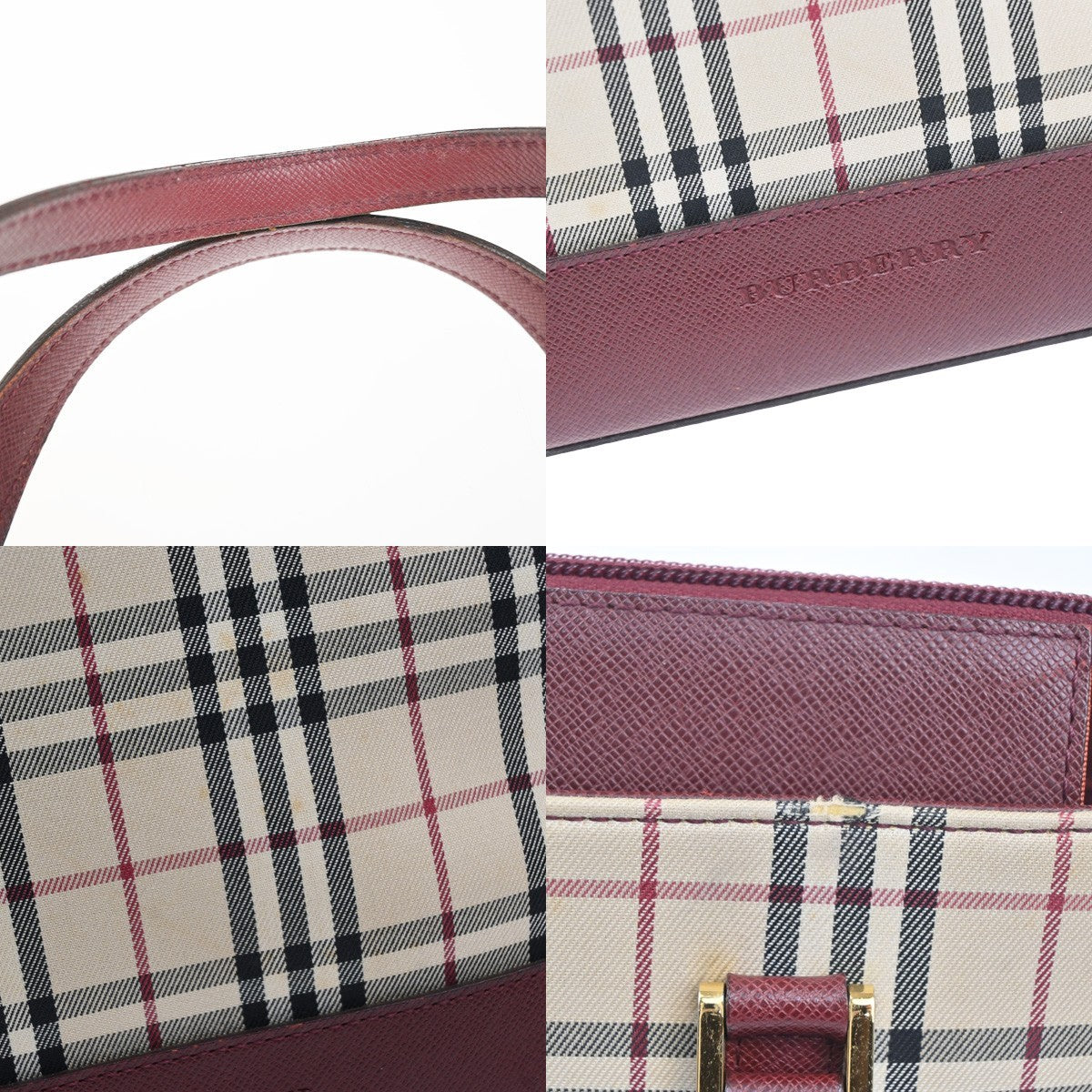 BURBERRY Nova Check Shoulder Hand Tote Bag Canvas Leather Beige Red GHW 32RL977