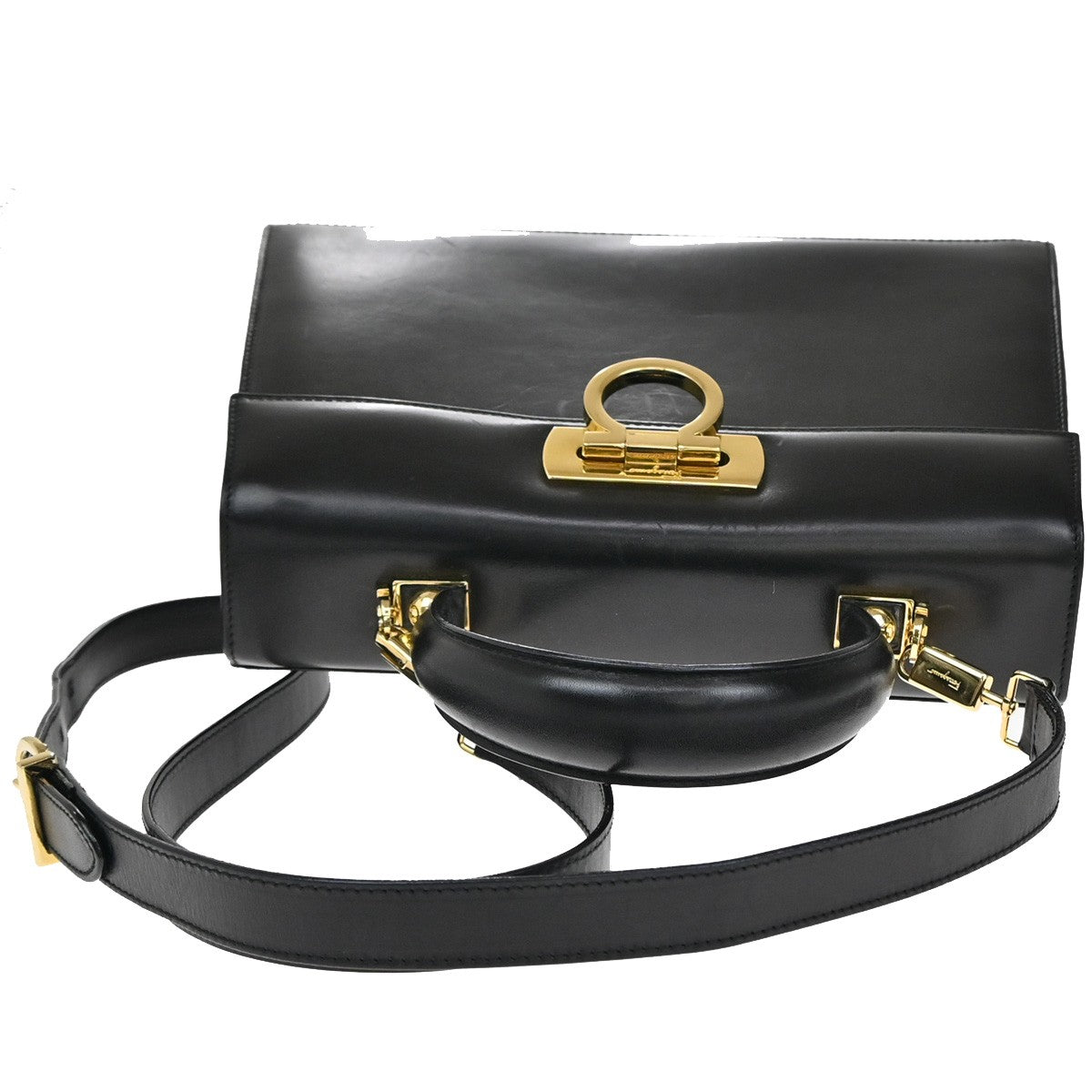 SALVATORE FERRAGAMO Gancini 2Way Shoulder Hand Bag Leather Black GHW 76RL108