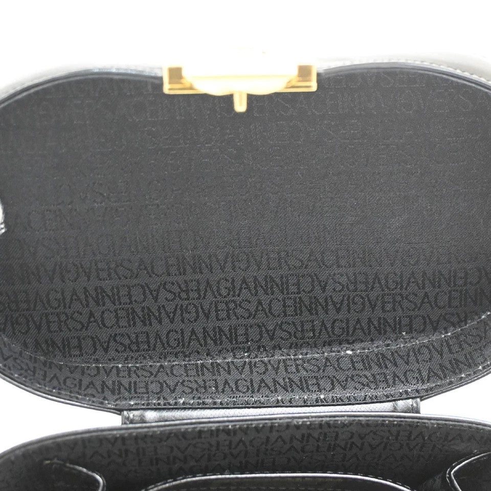 9.Live GIANNI VERSACE Sun Vanity Hand Bag Leather Black Gold-Plated 33KB766