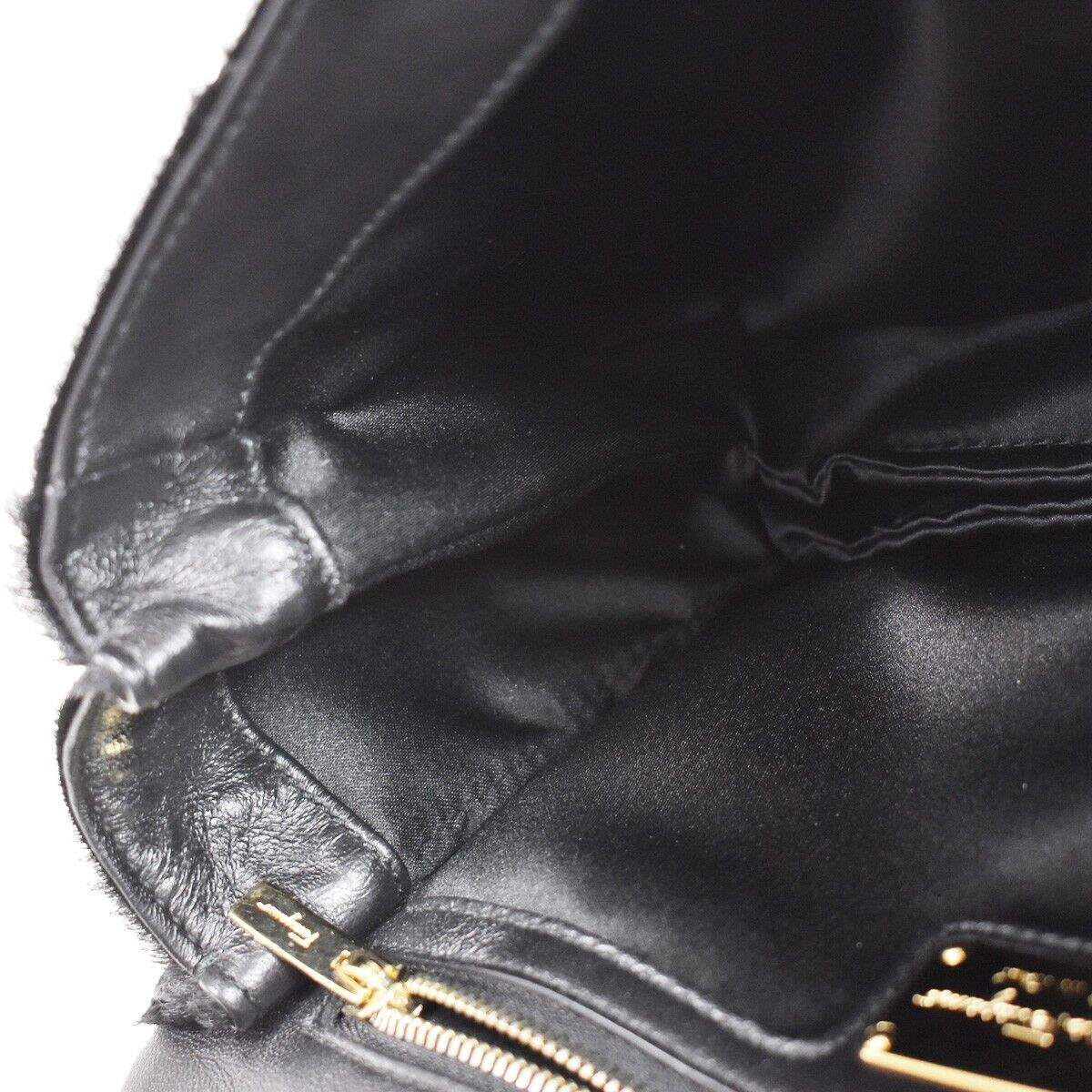 SALVATORE FERRAGAMO Vara Chain Shoulder Bag Fur Leather Black Gold Italy 67GA804