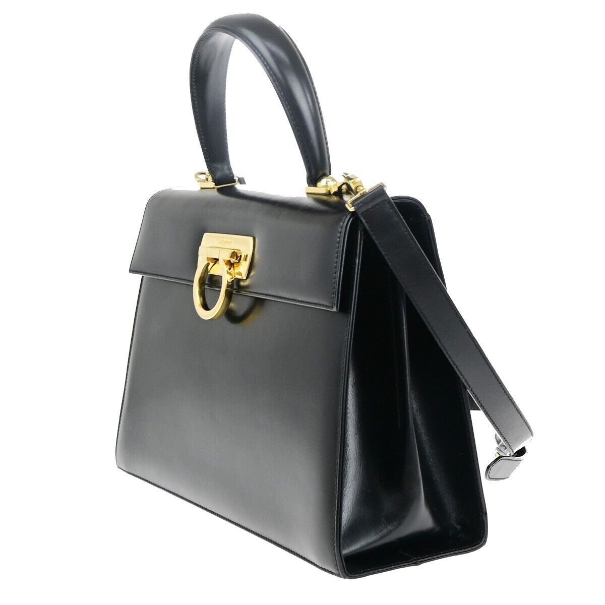 SALVATORE FERRAGAMO 2Way Gancini Shoulder Hand Bag Leather Black Gold 87EC640