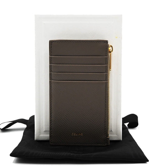 CELINE Logo Fragment Case Coin Zip Wallet Purse Leather Gray Gold Italy 36HB942
