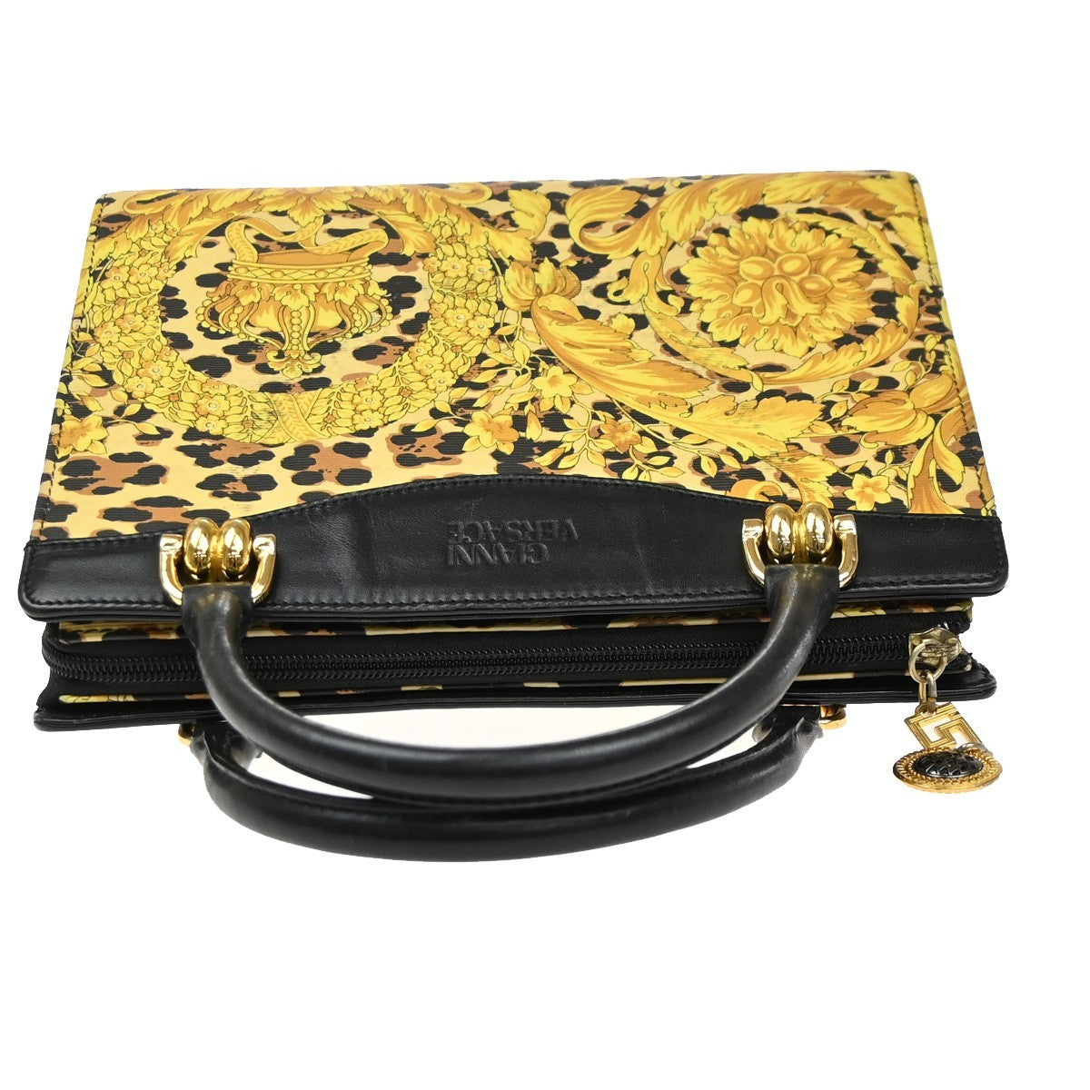 GIANNI VERSACE Logo Hand Bag Canvas Leather Yellow Black Italy GHW 30MA670