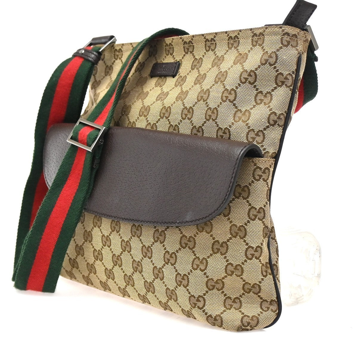 GUCCI Logo GG Pattern Web Messenger Bag Canvas Leather Brown SHW Italy 76KC193