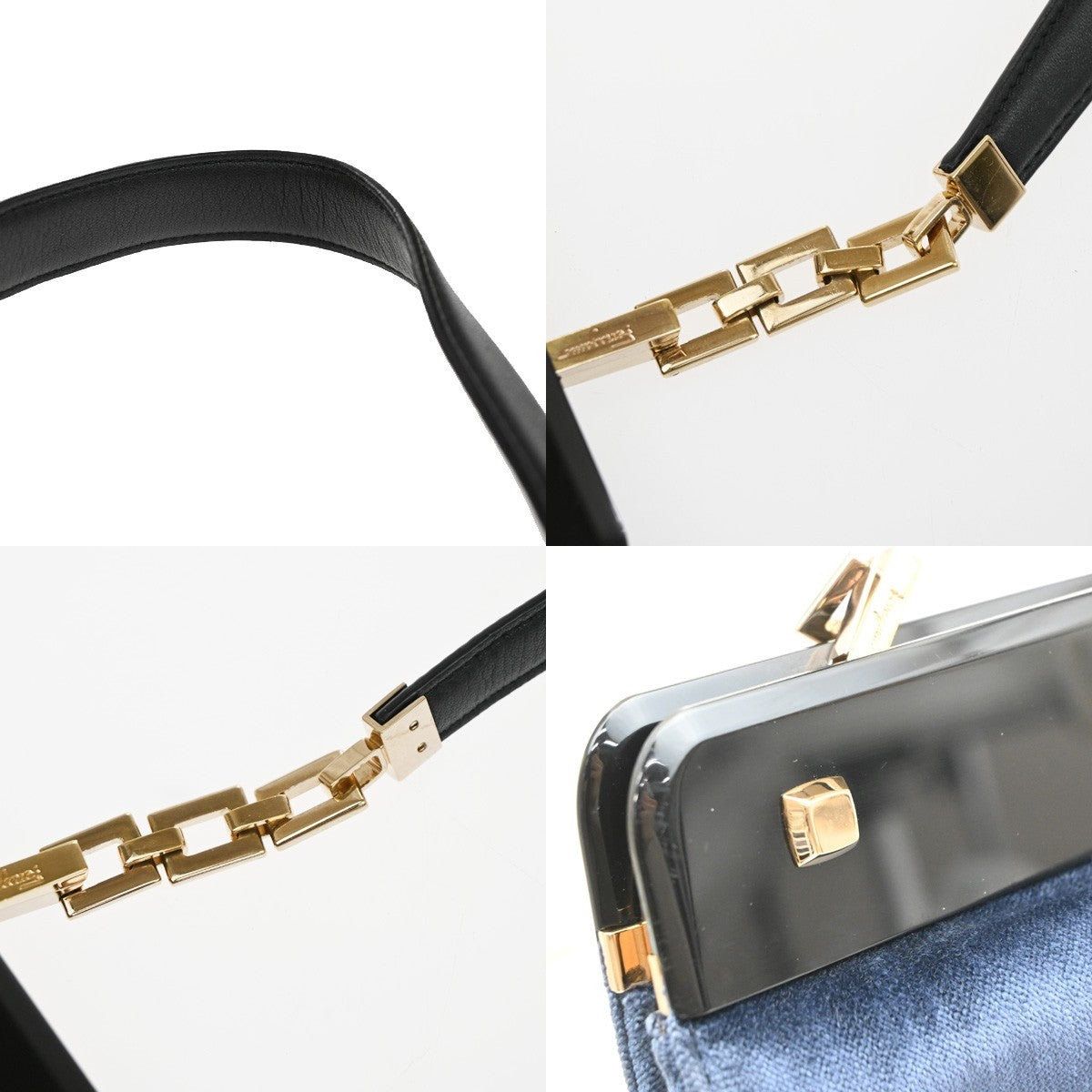 SALVATORE FERRAGAMO Logo Chain Shoulder Bag Velvet Leather Blue GHW 62MA634