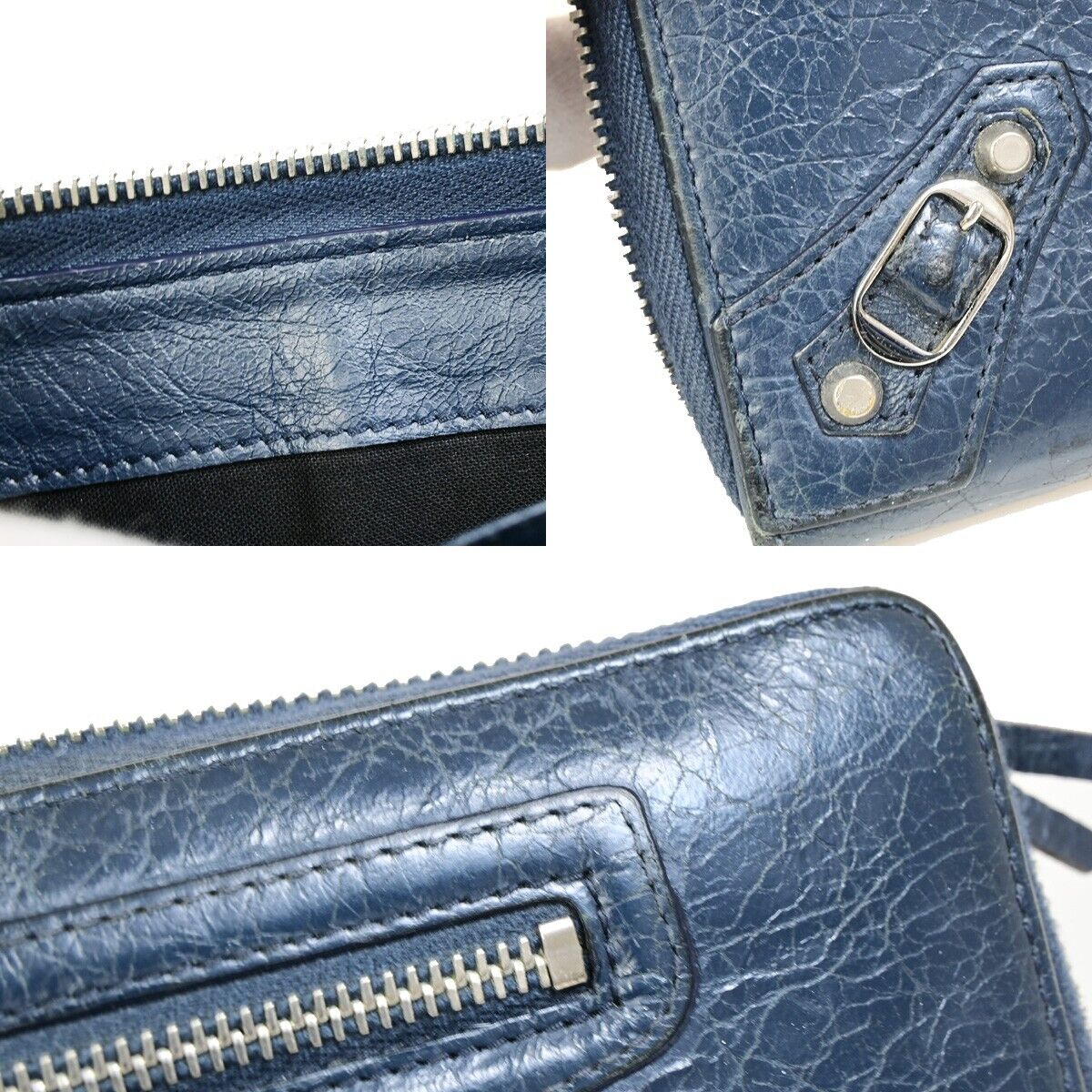BALENCIAGA Logo Continental Zip Around Long Wallet Purse Leather Navy 09FB095