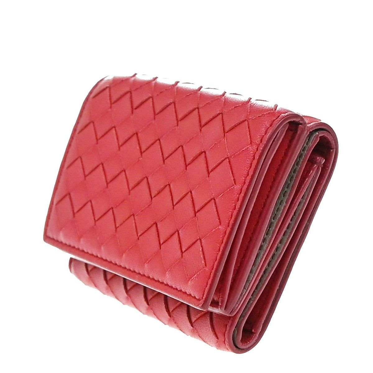BOTTEGA VENETA INTRECCIATO Trifold Compact Wallet Leather Red Italy 30EF906