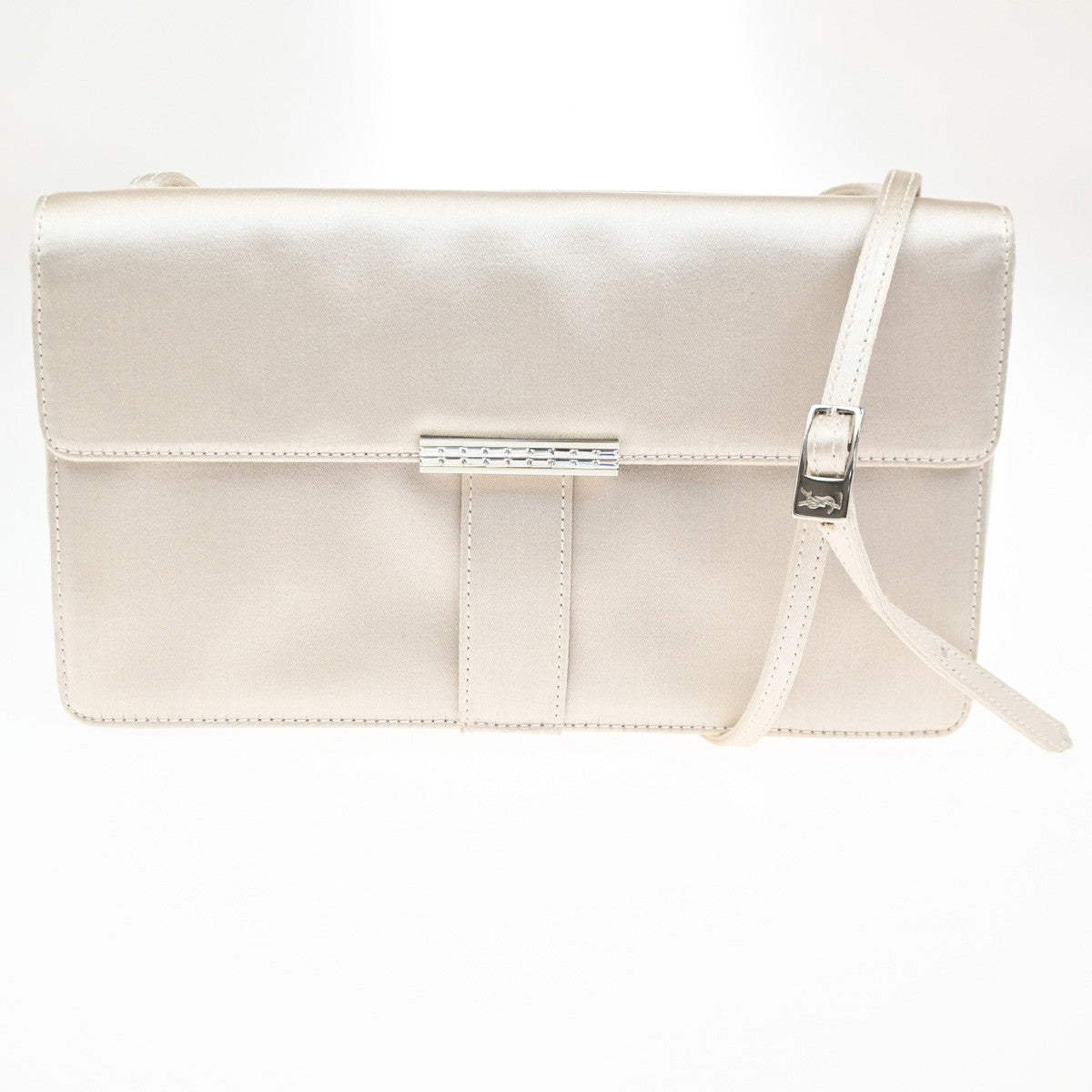 YVES SAINT LAURENT YSL Logo Shoulder Bag Satin Light Beige Italy SHW 82RL766