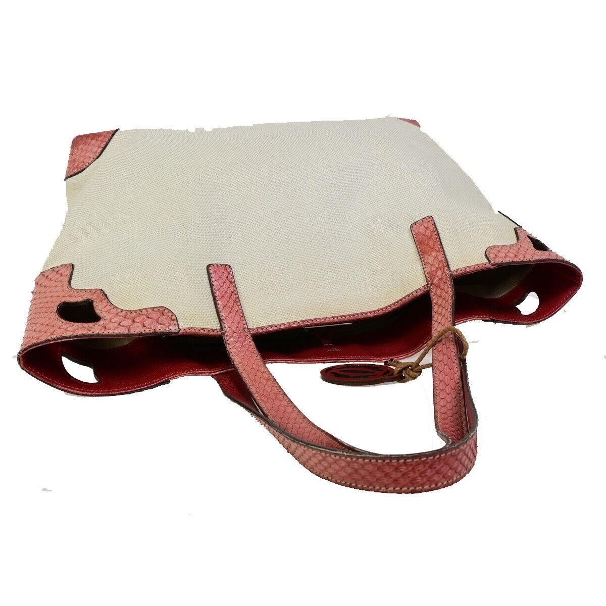 CARTIER Logo Marcello Shoulder Tote Bag Canvas Exotic Leather Beige Red 36FA996