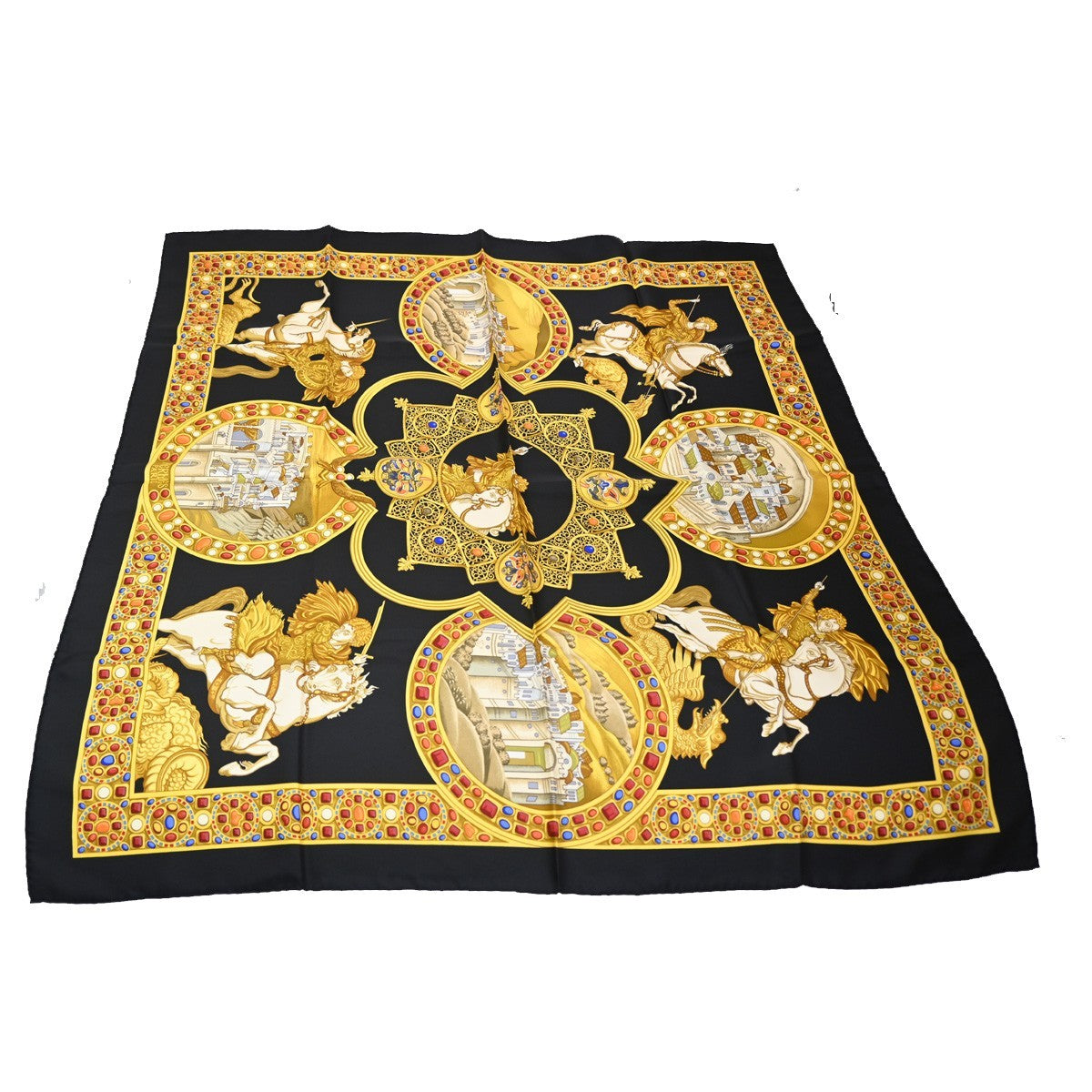 HERMES XL Carre Scarf Le Triomphe du Paladin 100% Silk Black Gold 69RL761