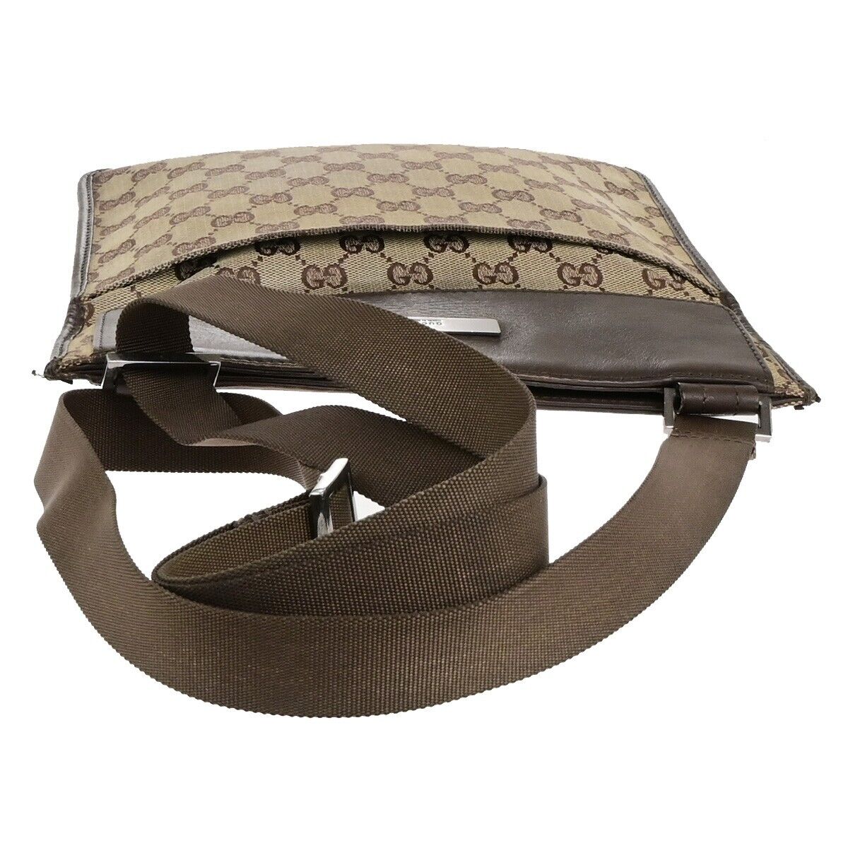GUCCI Logo GG Pattern Shoulder  Bag Canvas Leather Brown Silver Italy 66ED404