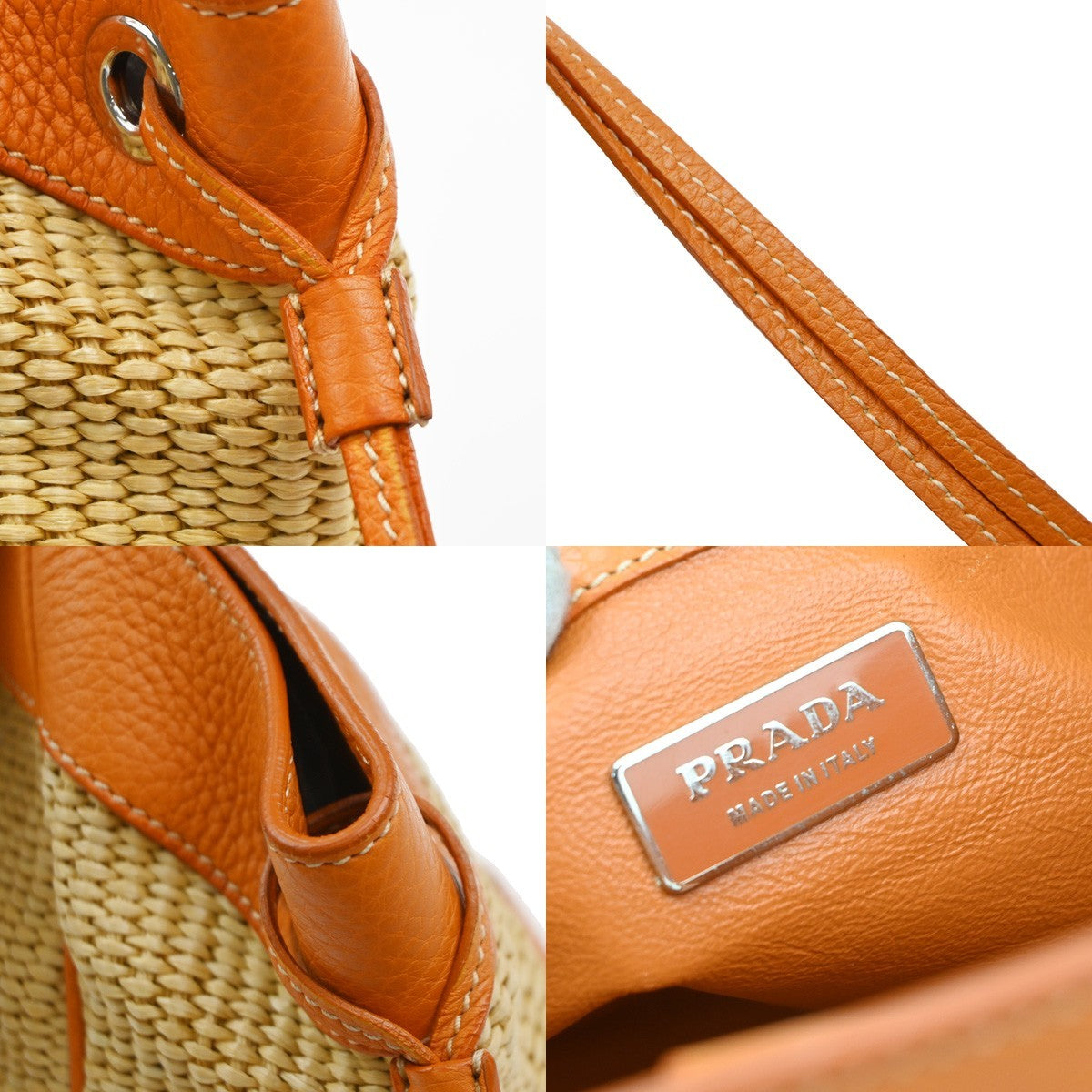 PRADA Logo Shoulder Bag Raffia Straw Leather Beige Orange SHW Italy 76YJ131