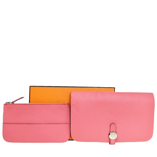 HERMES Logo Dogon GM Bifold Wallet Purse Evercalf Leather Pink France 50RC661