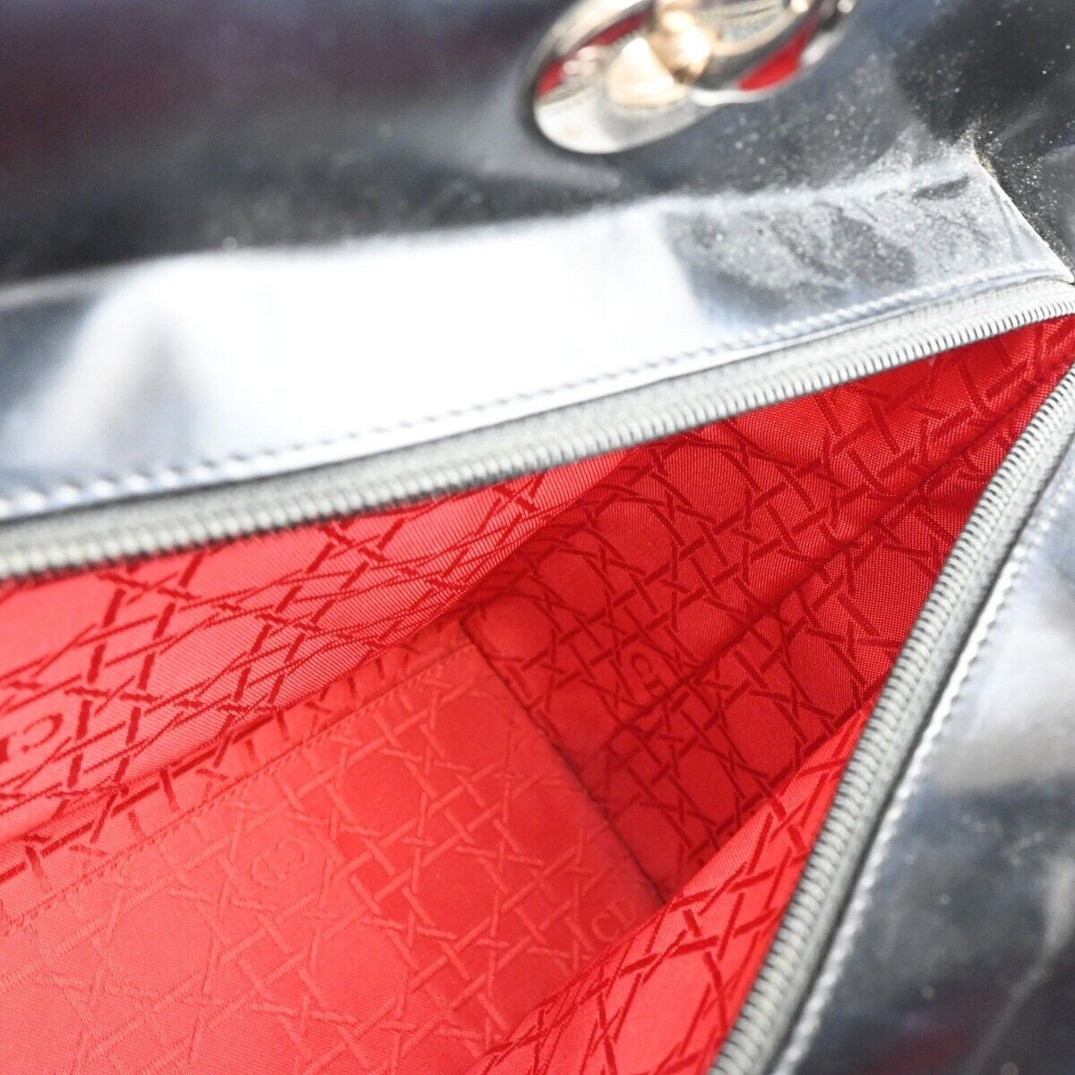 CHRISTIAN DIOR Lady Tote Hand Bag Patent Leather Black Silver Italy 12SH744