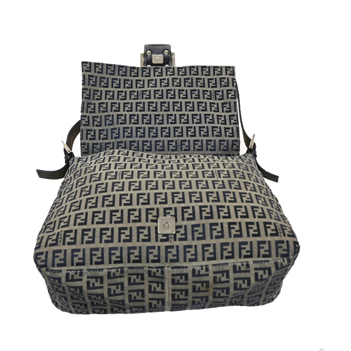 FENDI Mamma bucket Zuccino Shoulder Hand Bag Canvas Leather Navy Italy 79MA143