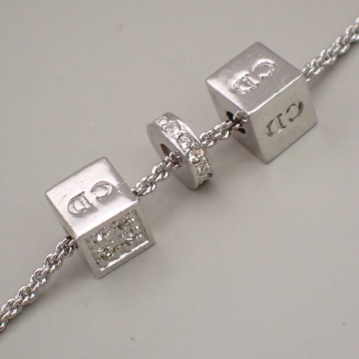 CHRISTIAN DIOR D Logo Dice Charm Necklace Rhinestone Silver Accessory 02ED439