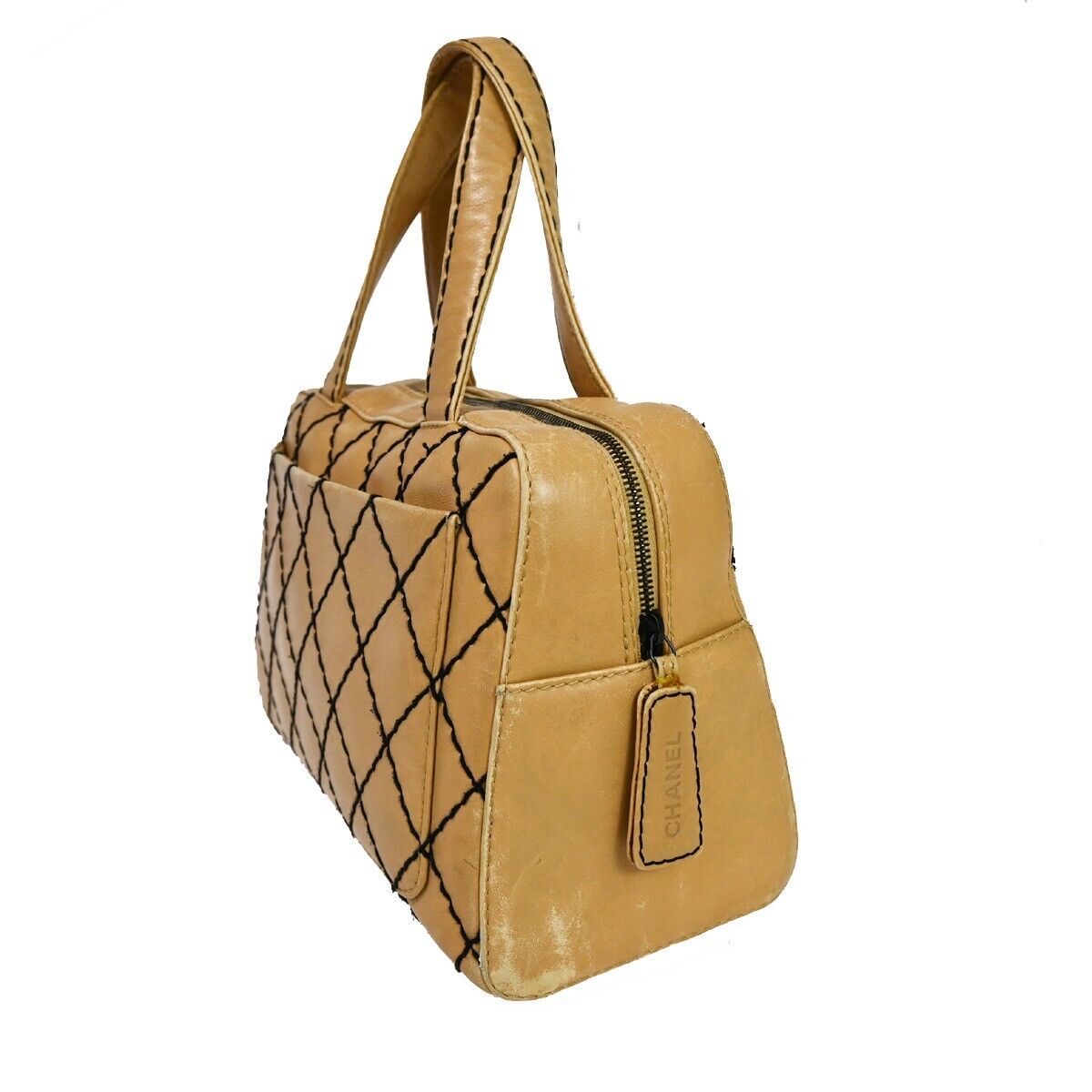 CHANEL CC Logo Wild Stitch Hand Tote Bag Leather Beige Black Italy 11SH052