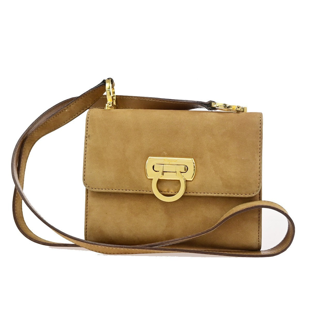 SALVATORE FERRAGAMO Logo Gancini Mini Shoulder Bag Suede Leather Beige 36KD112