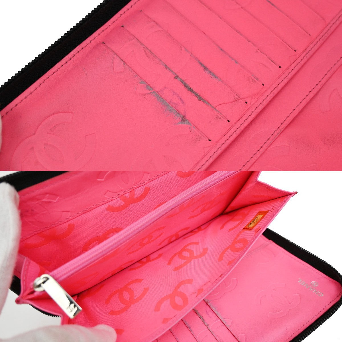 CHANEL CC Logo Cambon Zip Around Long Bifold Wallet Leather Black Pink 39EF850