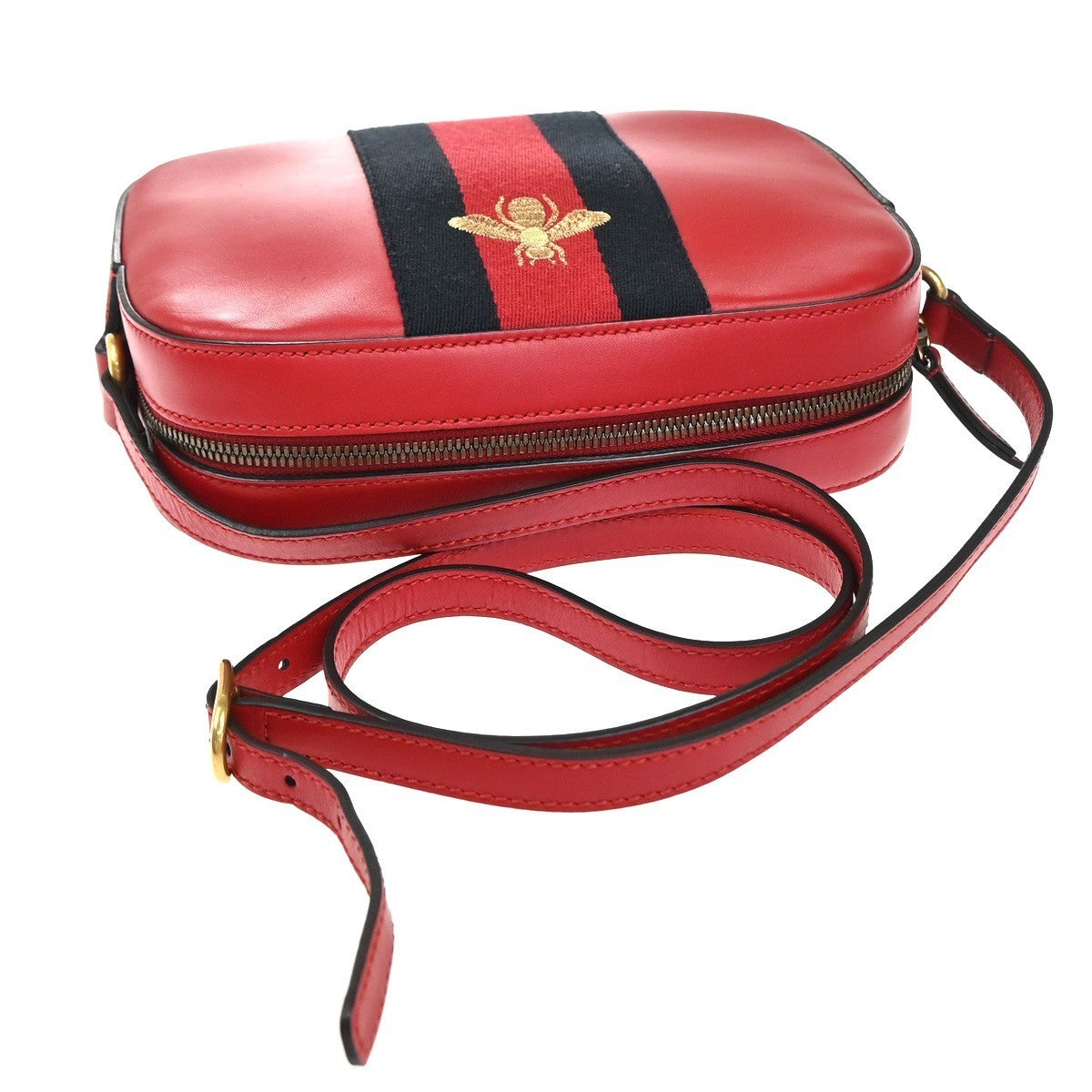 GUCCI Logo Webby Bee Crossbody Shoulder Bag Leather Red GHW 75EG318