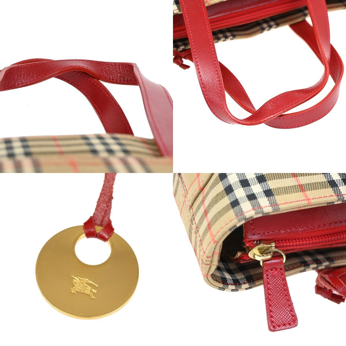 Burberrys Logo Nova Check Tote Handbag Canvas Leather Red Brown GHW  62DA319