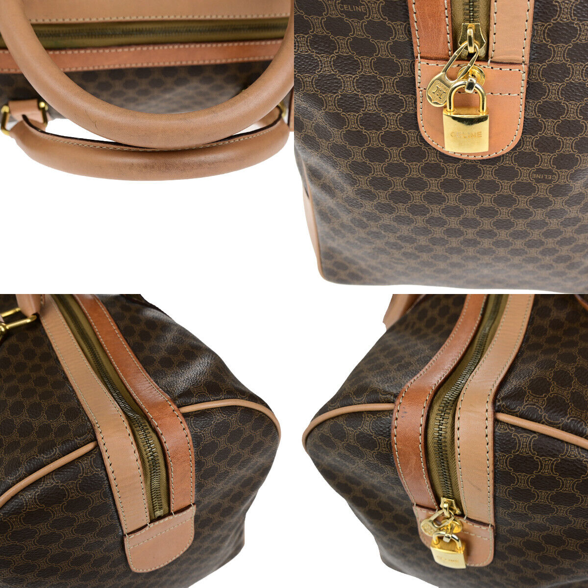 CELINE Logo Macadam Pattern Travel Hand Bag PVC Leather Brown GHW 62YG501