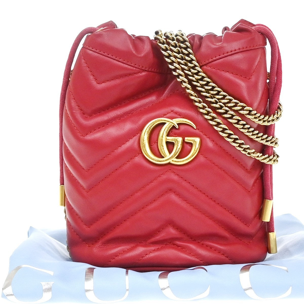 GUCCI GG Marmont Drawstring Chain Crossbody Shoulder Bag Leather Red GHW 84TA683
