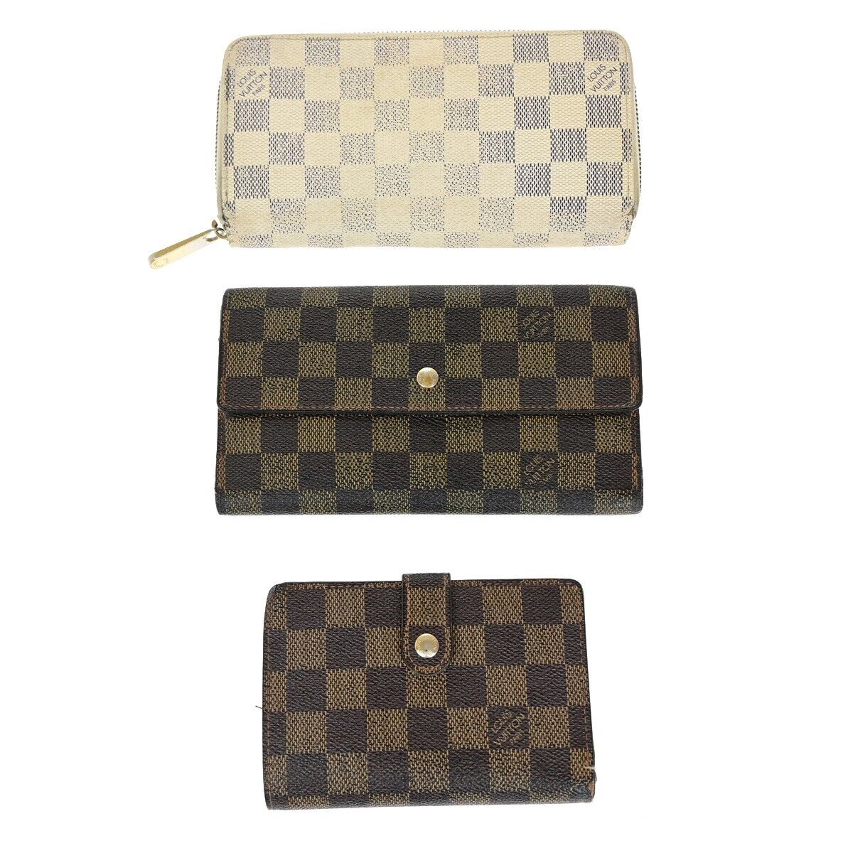 LOUIS VUITTON 3 Set Bifold Wallet Damier Azur Ebene Leather White Brown 38KA236