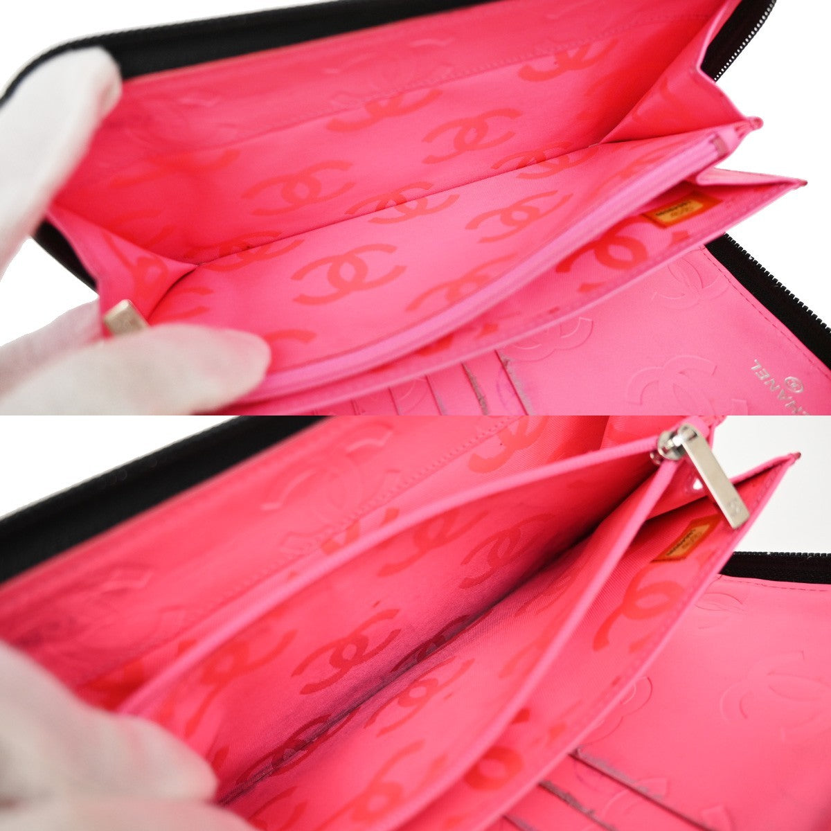 CHANEL CC Logo Cambon Zip Around Long Bifold Wallet Leather Black Pink 39EF850