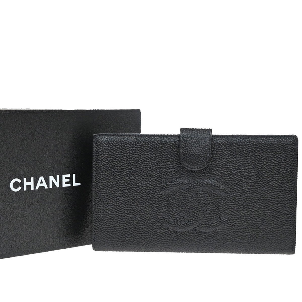 CHANEL CC Logo Long Bifold Wallet Grained Calfskin Leather Black France 16RF812