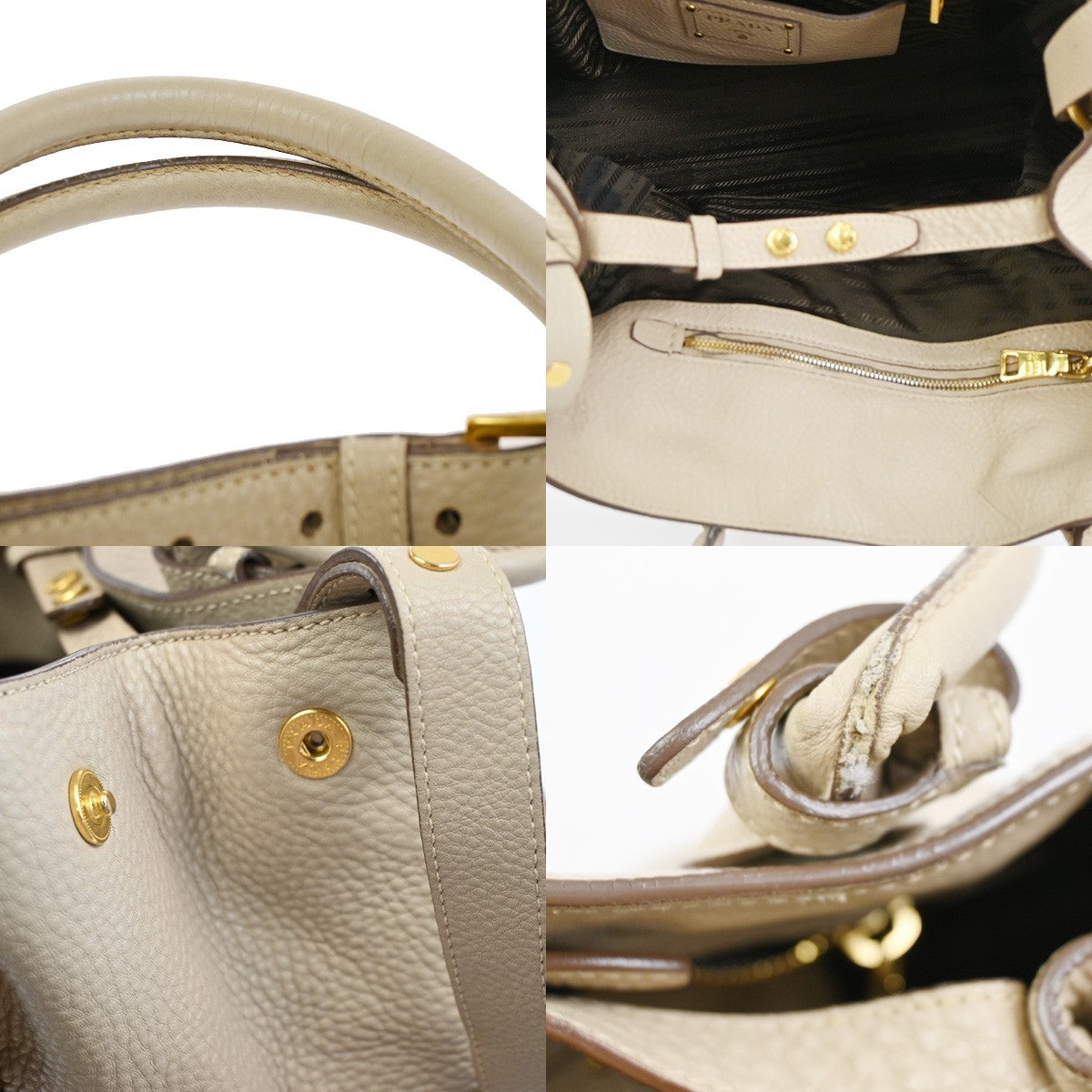 PRADA Logo Large 2Way Shoulder Hand Tote Bag Leather Beige GHW Italy 80KC640