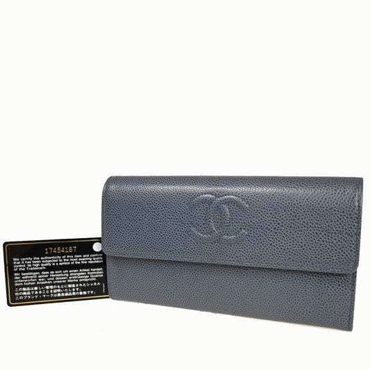 CHANEL CC Logo Long Wallet Purse Caviar Skin Leather Blue SHW 72RF120