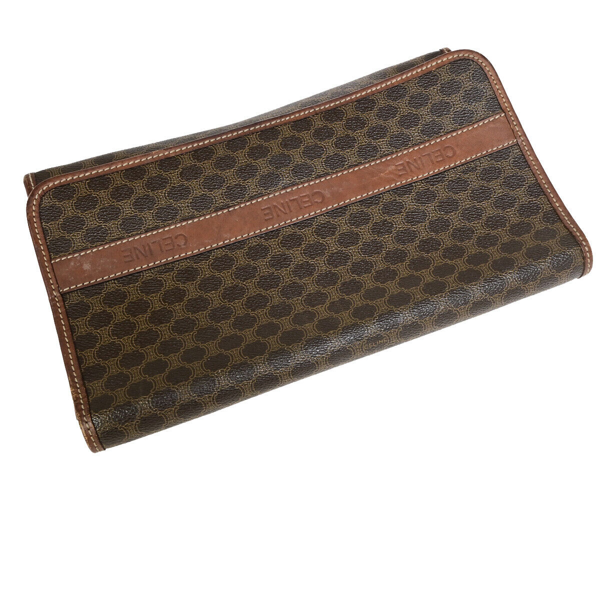 CELINE Logo Macadam Pattern Clutch Hand Bag PVC Leather Brown GHW 07YF602