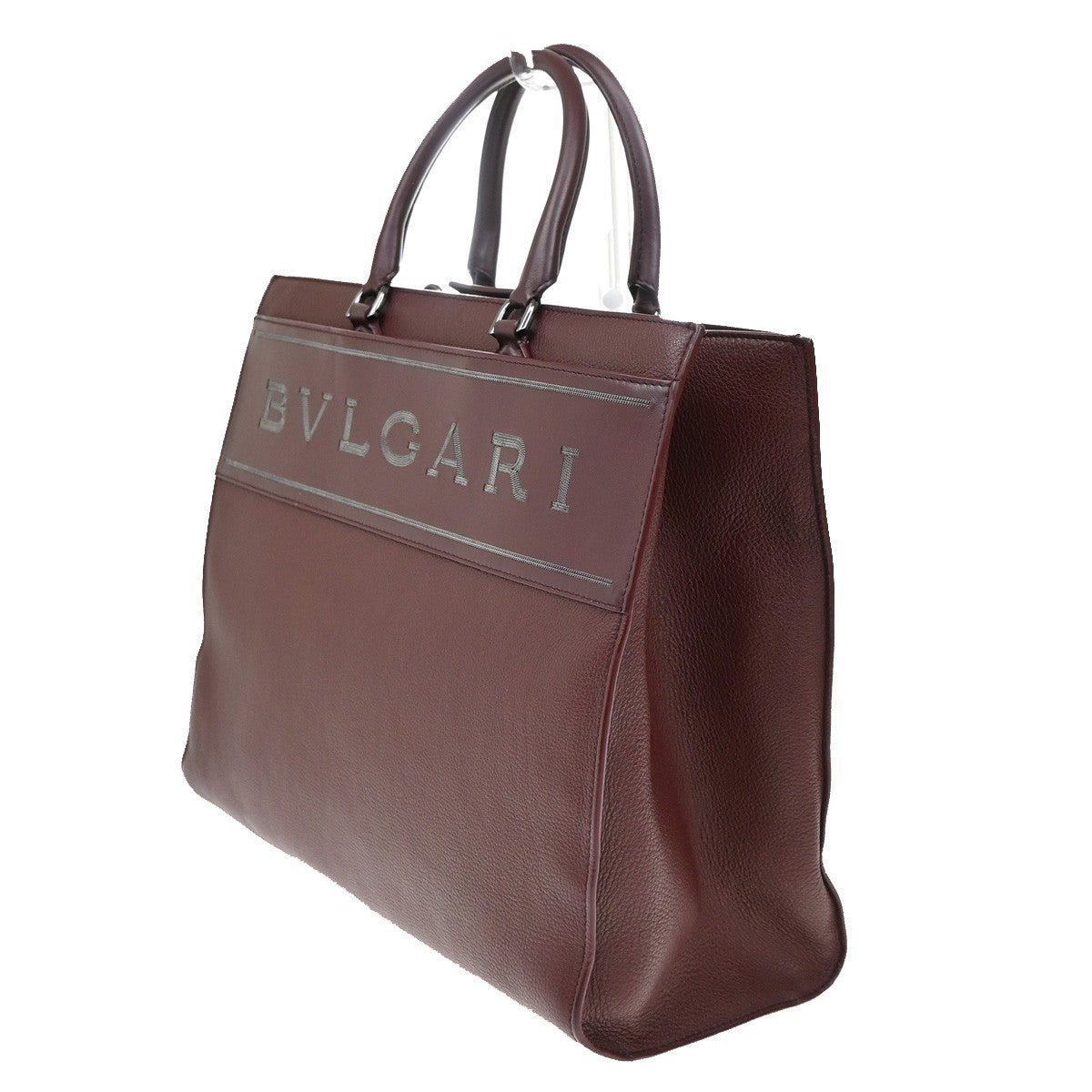 BVLGARI Logo Tote Hand Bag Leather Red Burgundy SHW Italy 98KB533