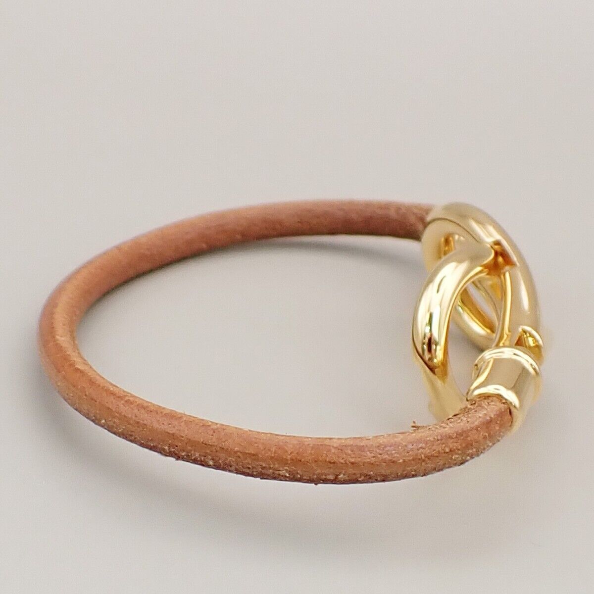 HERMES Logo Jumbo Hook Bracelet Leather Brown Gold Accessory 04ED436