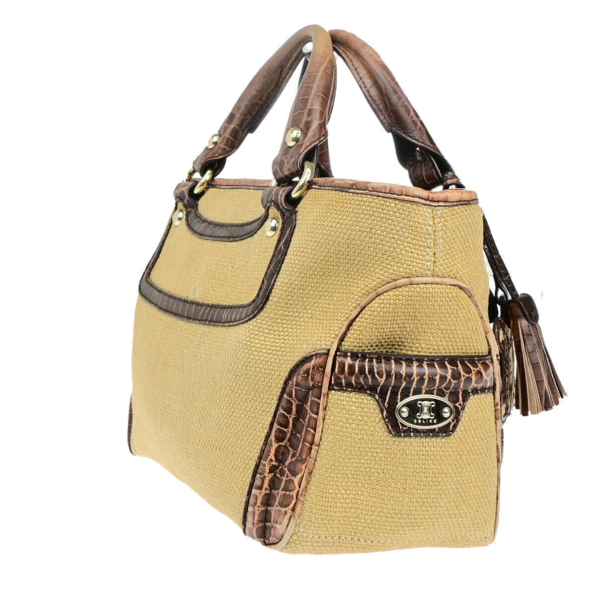 CELINE Logo Boogie Hand Bag Canvas Embossing Leather Charm Brown GHW 60YF122