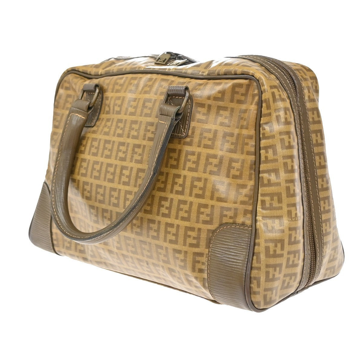 FENDI Logo Zucchino Pattern Hand Bag Coating Canvas Leather Brown 62KP355