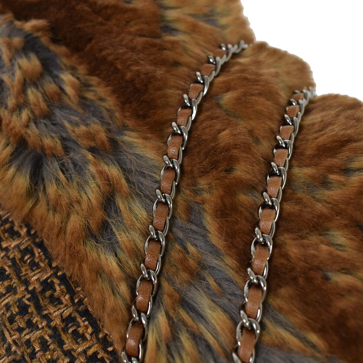 CHANEL CC Logo 2Way Chain Shoulder Clutch Bag Fur Wool Leather Brown 683LC294