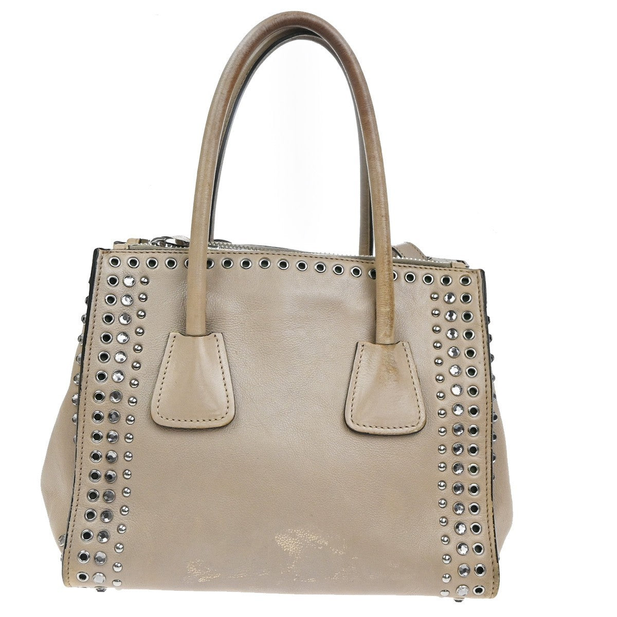 PRADA Studs 2Way Shoulder Hand Bag Leather Rhineston Beige GHW Spain 33TA590