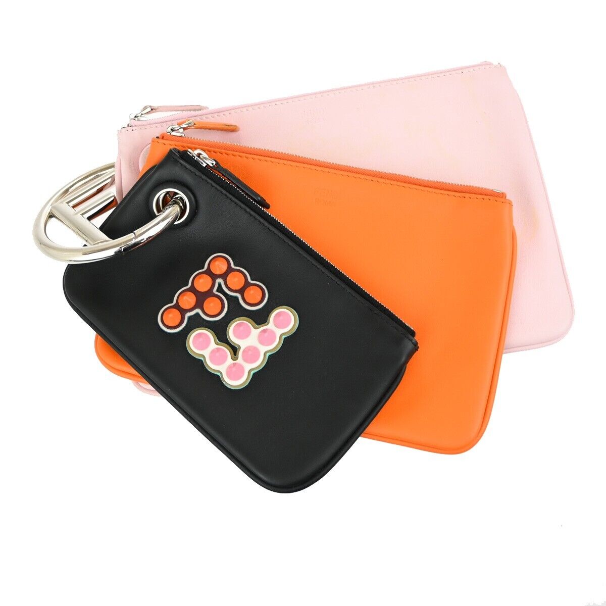 FENDI FF Logo Triplette Pouch Studs Leather Black Orange Pink Italy 35YE400
