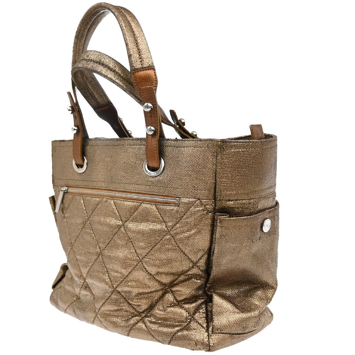 CHANEL CC Paris Biarritz Shoulder Bag Coating Canvas Leather Bronze 603RF988