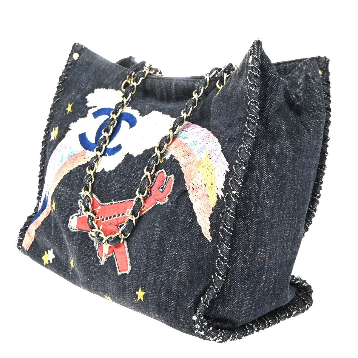 CHANEL CC Denim Night Flight Chain Shoulder Tote Bag Canvas Leather BE 110RP173